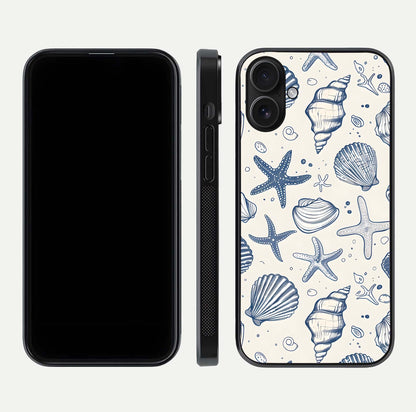 Blue Ocean Outline Glass Case for iPhone 16 front-and-back layout showing minimal wave design and HD gloss
