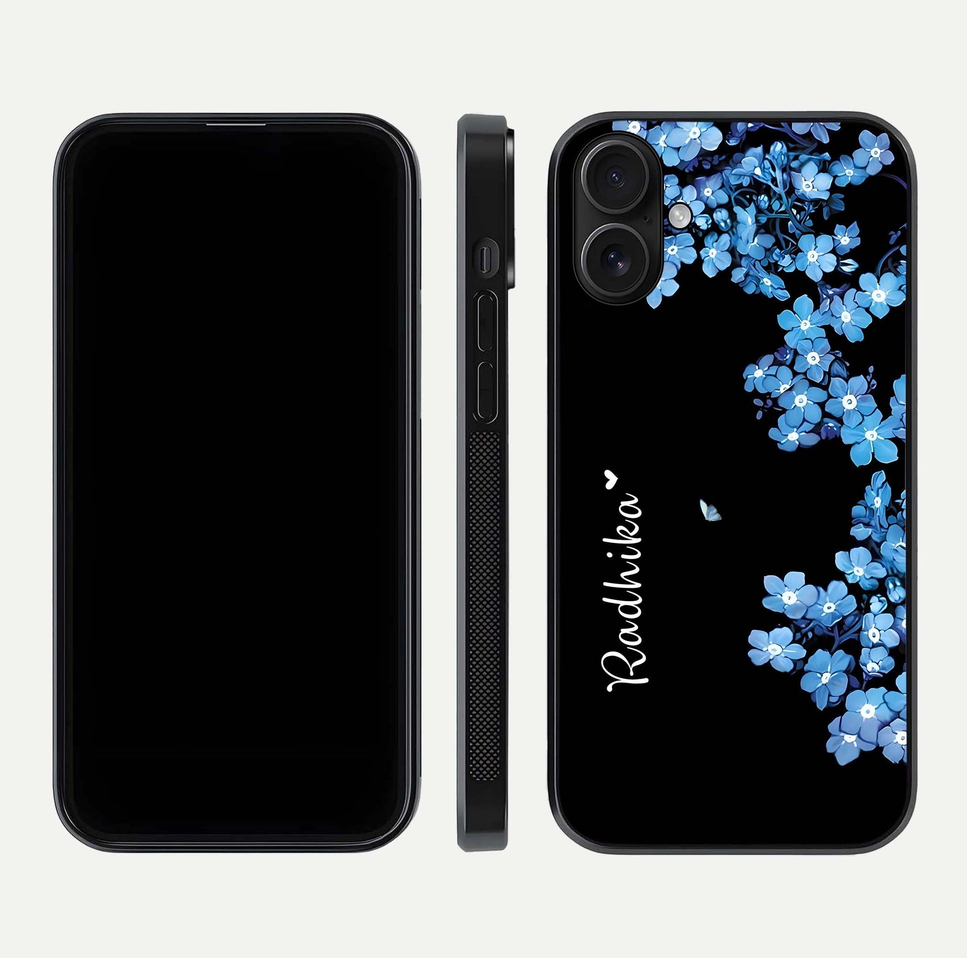 Blue Petal Dream Custom Name Glass Case for iPhone 16 dual-view layout showing text placement and premium finish