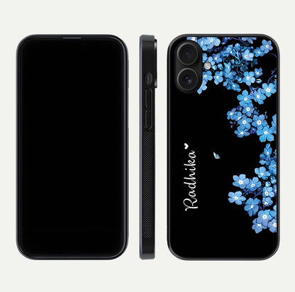 Blue Petal Dream Custom Name Glass Case for iPhone 16 dual-view layout showing text placement and premium finish