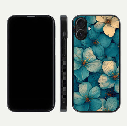 Blue Shade Floral Glass Case for iPhone 16 front-and-back layout displaying bloom contrast and edge polish