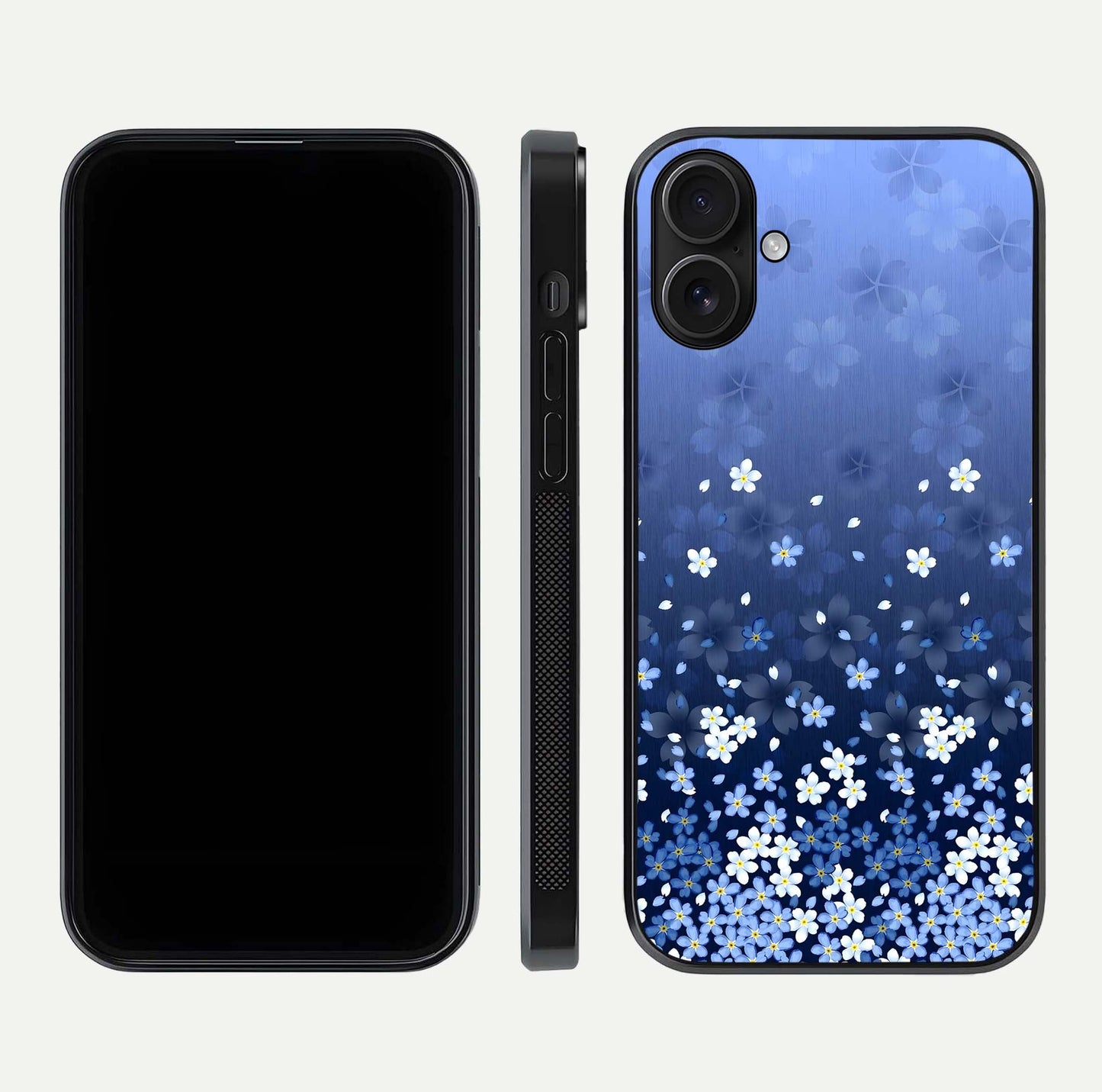 Blue Starry Glass Case for iPhone 16 dual-view layout showing star spread and smooth edge shine