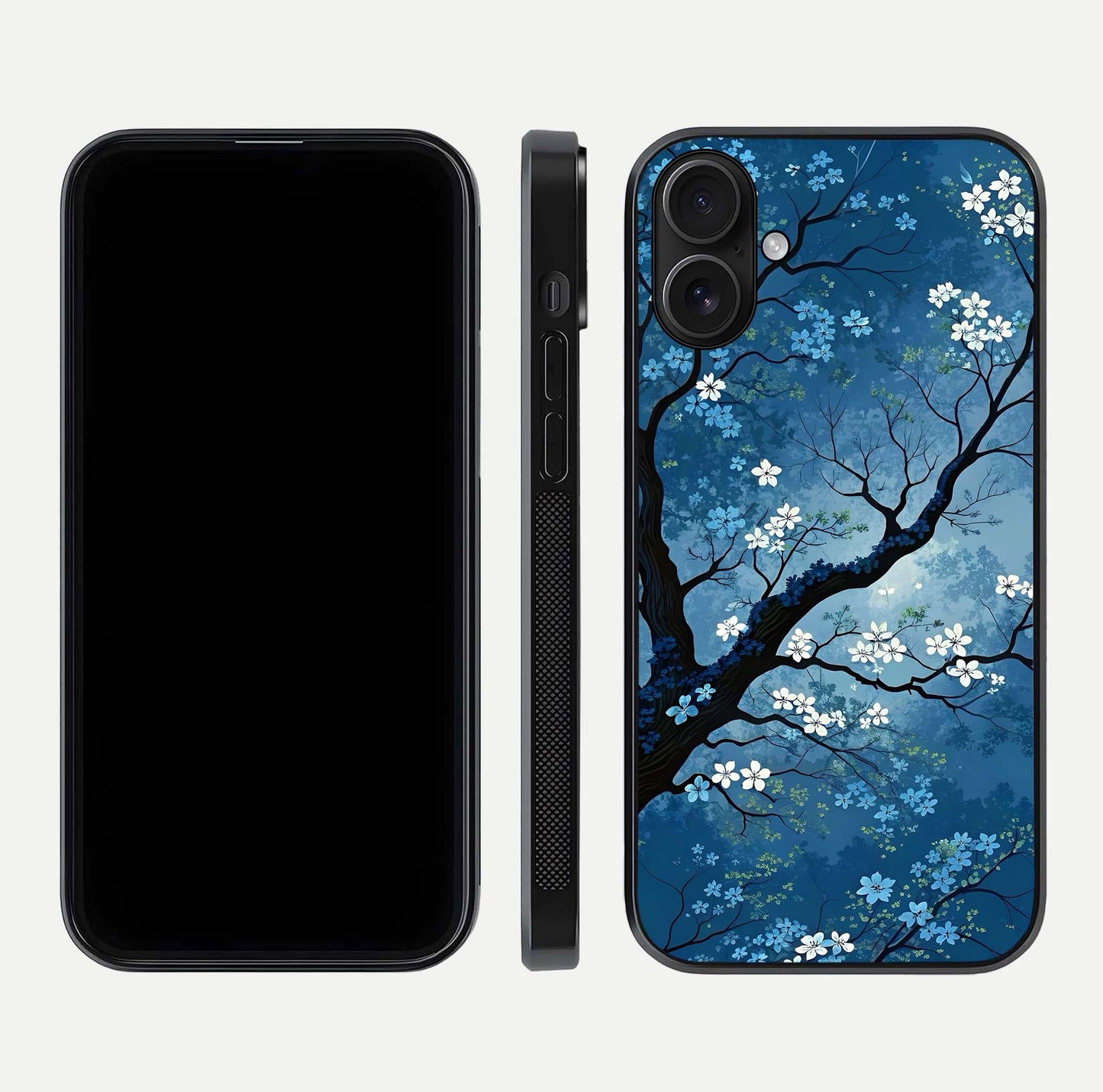Blue Tree Serenity Glass Case for iPhone 16 front-and-back layout showing gradient background and smooth edges