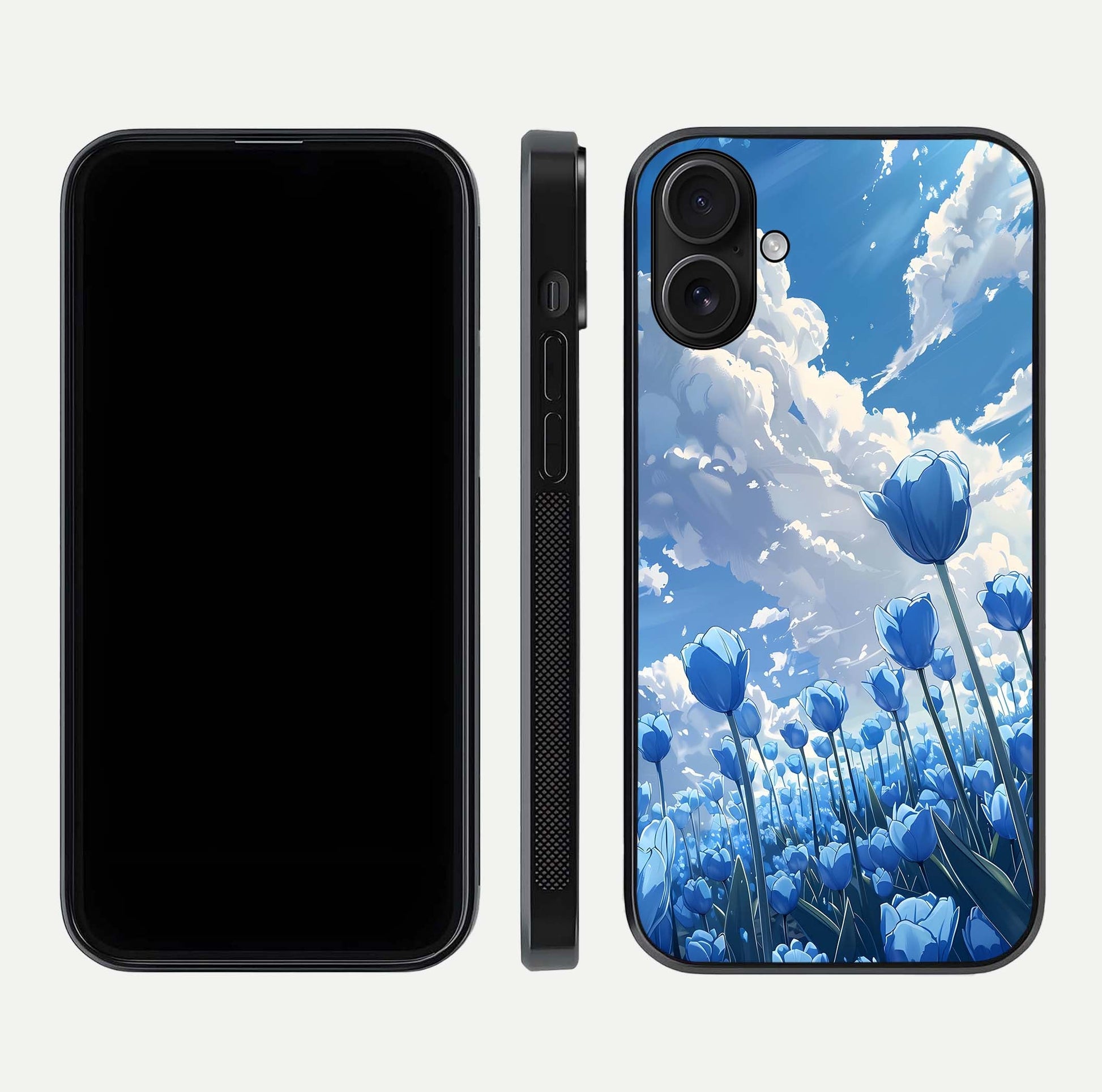 Blue Tulip Clouds Glass Case for iPhone 16 front-and-back layout showcasing floral detail and polished edges