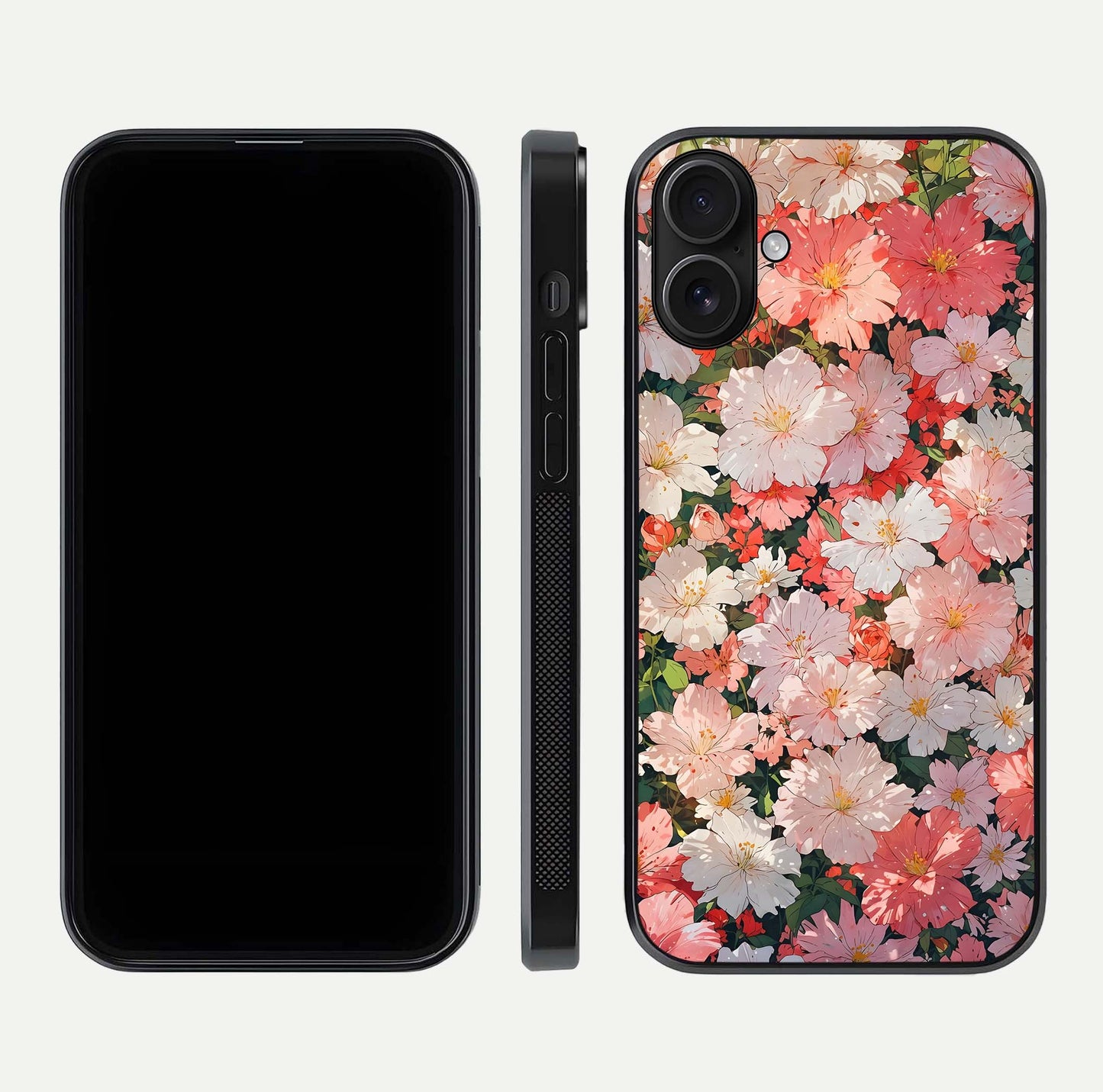 Blush Bloom Field Glass Case for iPhone 16 dual-view layout showing bloom arrangement and protective frame