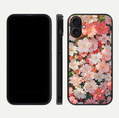 Blush Bloom Field Glass Case for iPhone 16 dual-view layout showing bloom arrangement and protective frame