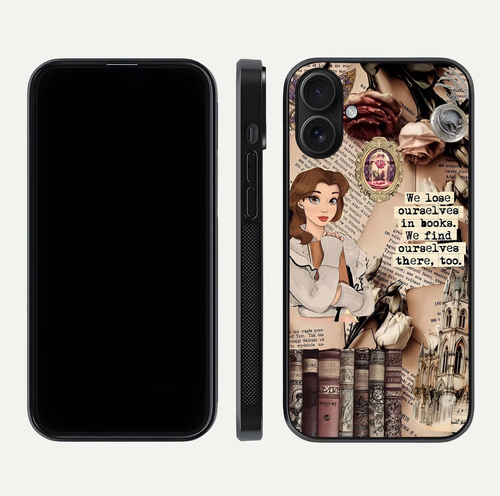 Bookish Dream World Glass Case for iPhone 16 dual-view layout displaying colorful fantasy print and edge finish