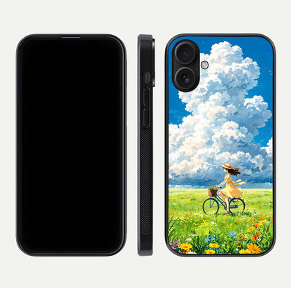 Breezy Meadow Ride Glass Case for iPhone 16 dual-view layout showing soft landscape design and reflection gloss