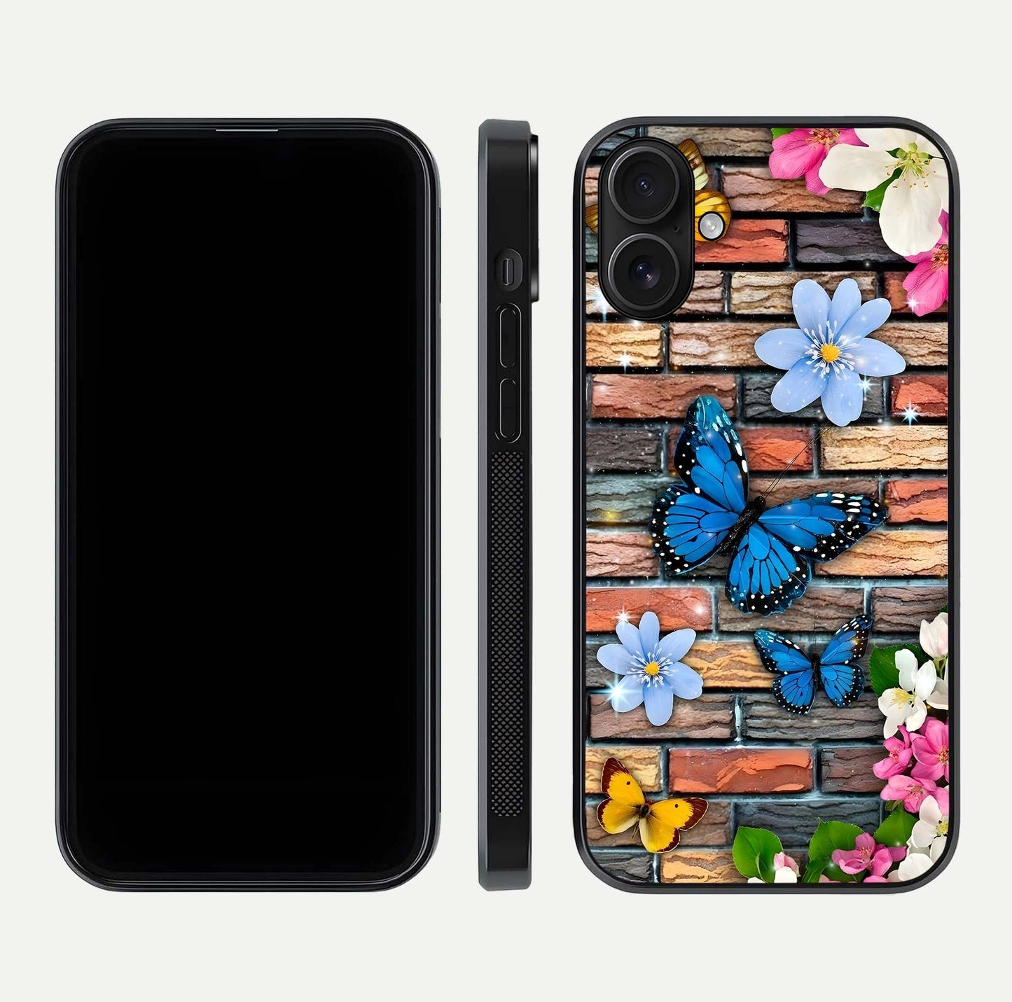 Brick Bloom Flight Glass Case for iPhone 16 dual-view layout showing bloom placement and protective edge design