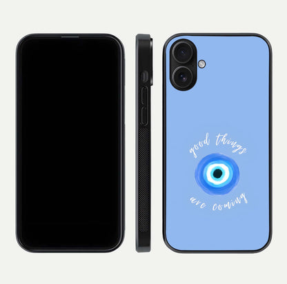 Bright Future Ahead Glass Case for iPhone 16 front-and-back layout showing clean font style and gloss shine