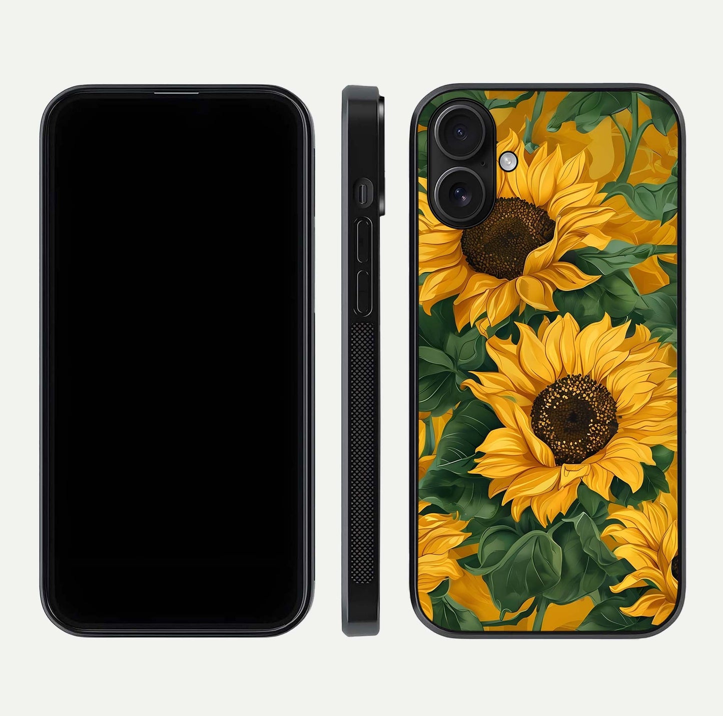 Bright Sunflower Bloom Glass Case for iPhone 16 dual-view layout displaying floral glow and curved glass edge
