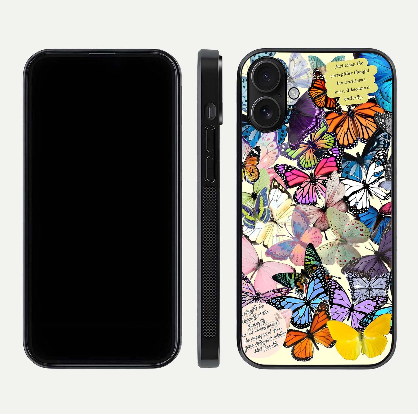Butterflies Petal Dream Glass Case for iPhone 16 front-and-back layout showcasing floral spread and reflection shine