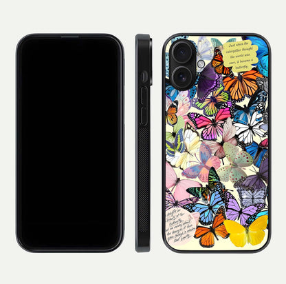Butterflies Petal Dream Glass Case for iPhone 16 front-and-back layout showcasing floral spread and reflection shine