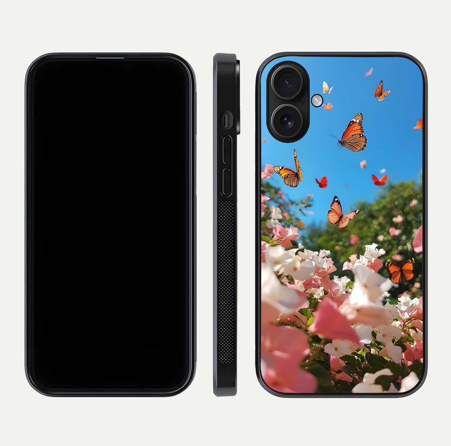 Butterflies in Bloom Sky Glass Case for iPhone 16 dual-view layout displaying elegant composition and glass gloss