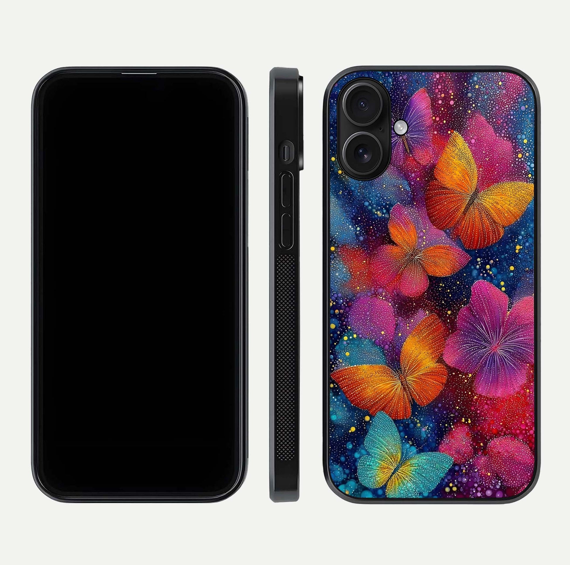Butterfly Dream Mist Glass Case for iPhone 16 dual-view layout showing mist background and edge polish