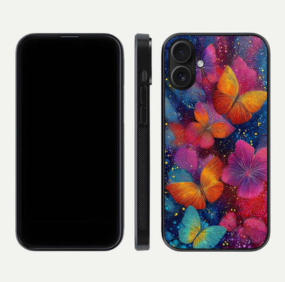 Butterfly Dream Mist Glass Case for iPhone 16 dual-view layout showing mist background and edge polish