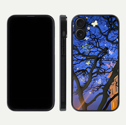 Butterfly Night Magic Glass Case for iPhone 16 dual-view layout displaying balanced art and edge clarity