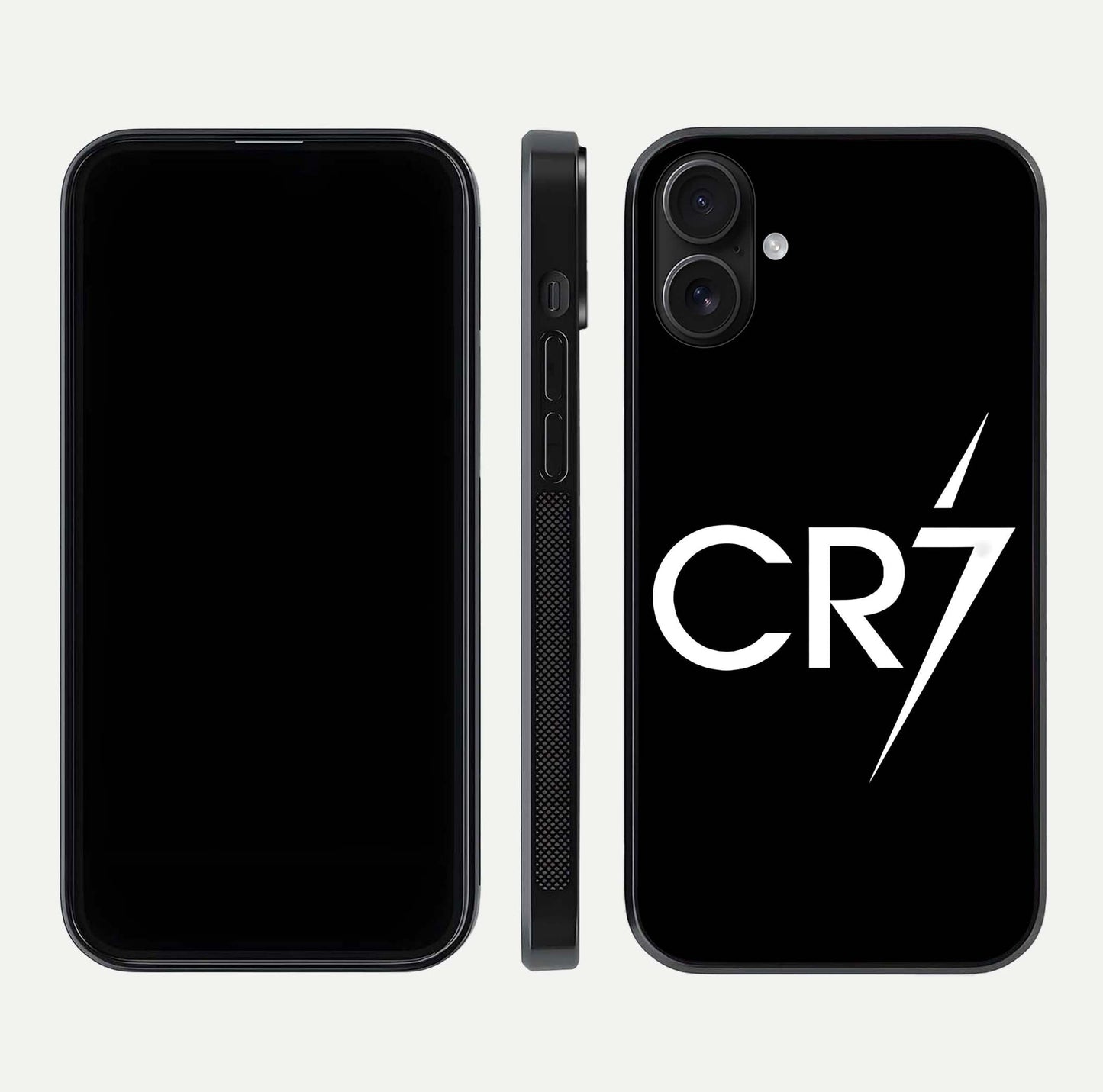 CR7 Elite Strike Glass Case for iPhone 16 dual-view layout showing sport tones and edge clarity