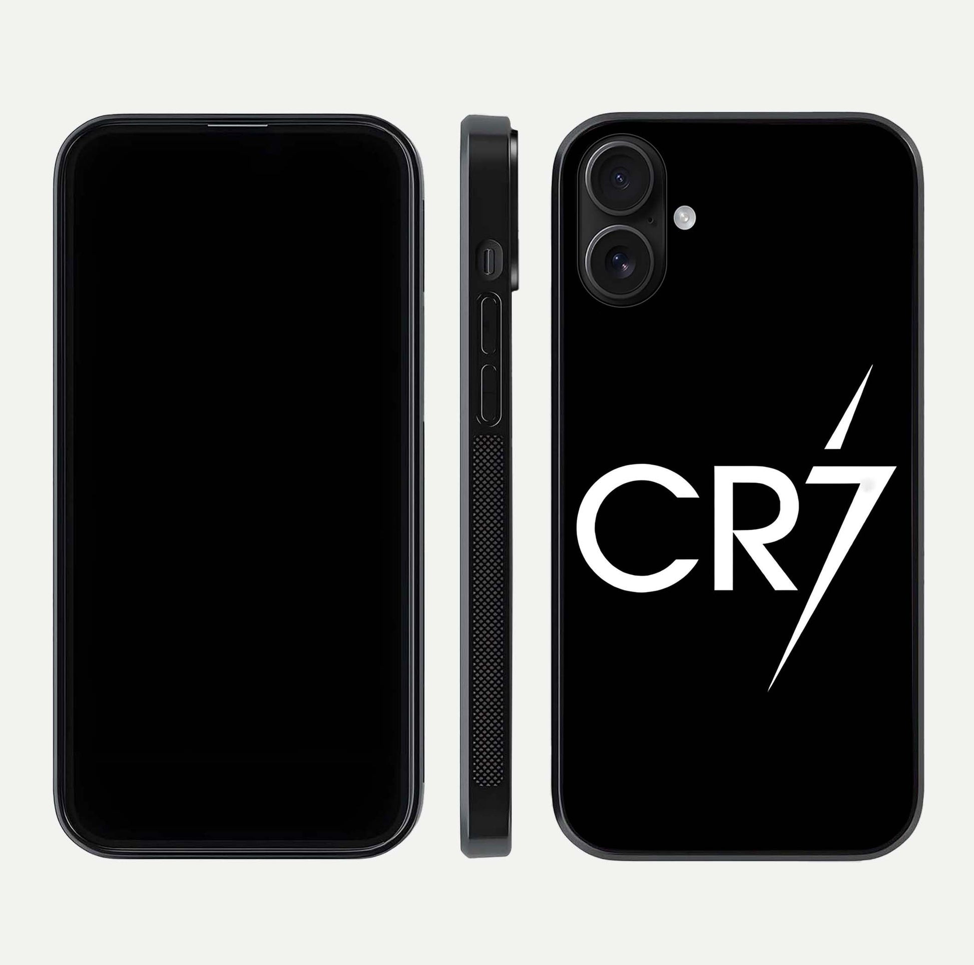 CR7 Elite Strike Glass Case for iPhone 16 dual-view layout showing sport tones and edge clarity