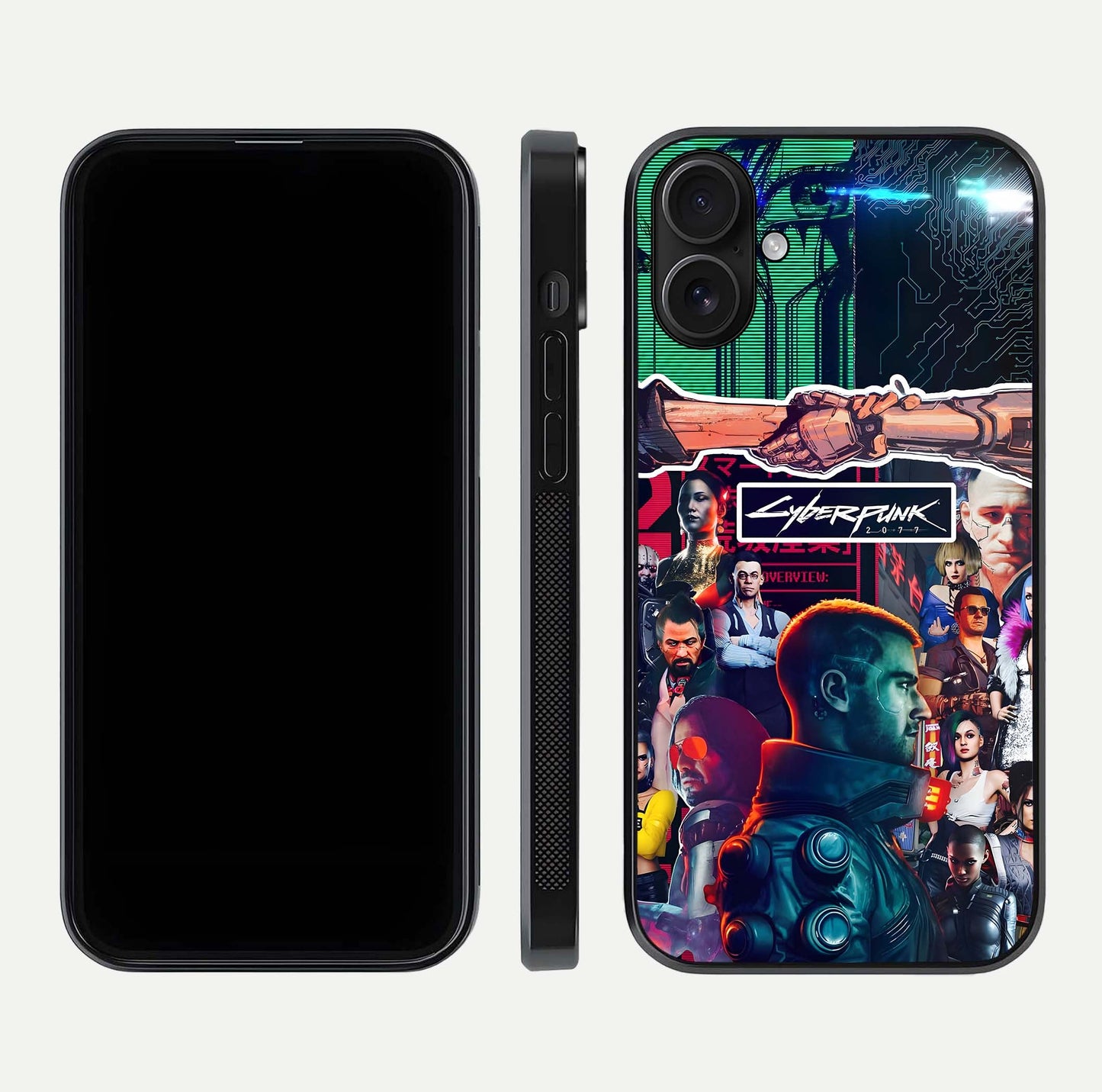 CYBERPUNK Legacy Glass Case for iPhone 16 dual-view layout showing cyberpunk hues and glass precision