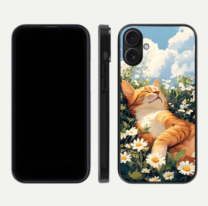 Cat & Flowers View Glass Case for iPhone 16 front-and-back layout showing floral balance and gloss surface