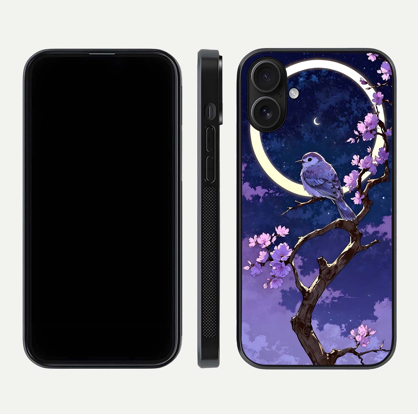 Celestial Bird Blossom Glass Case for iPhone 16 dual-view layout showing art composition and edge clarity