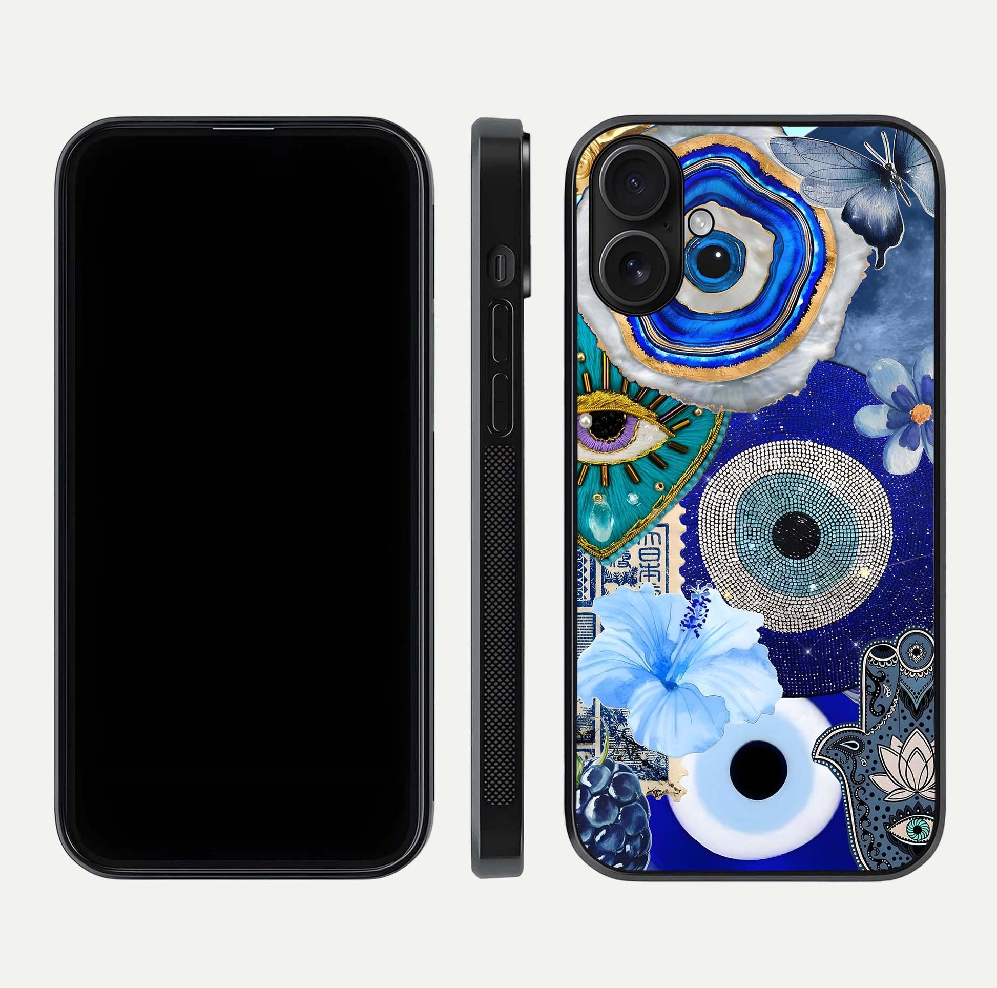 Celestial Blue Vision Glass Case for iPhone 16 dual-view layout showing celestial gradient and curved edges