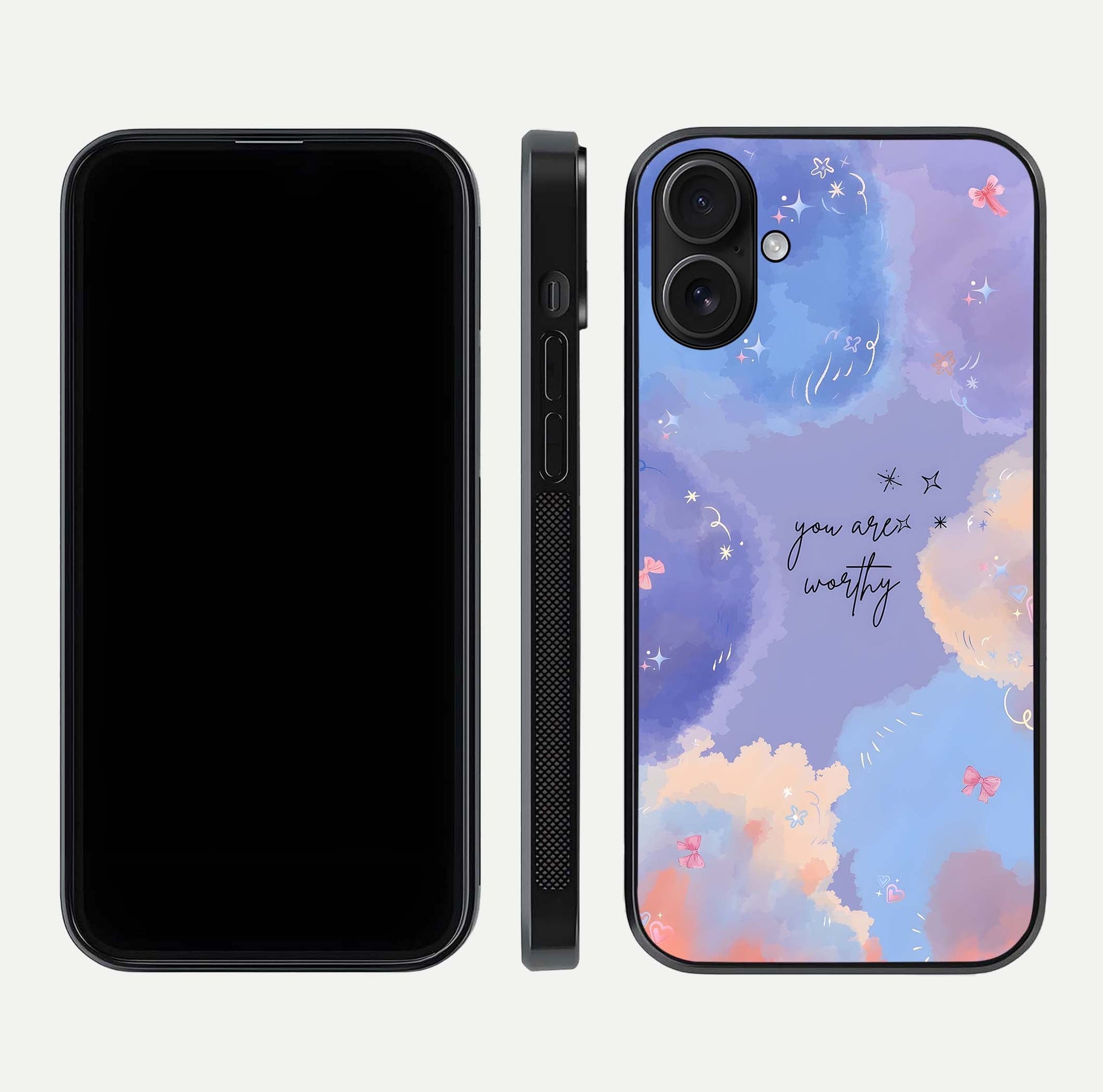 Celestial Cloud Magic Glass Case for iPhone 16 dual-view layout showcasing soft color transition and gloss shine