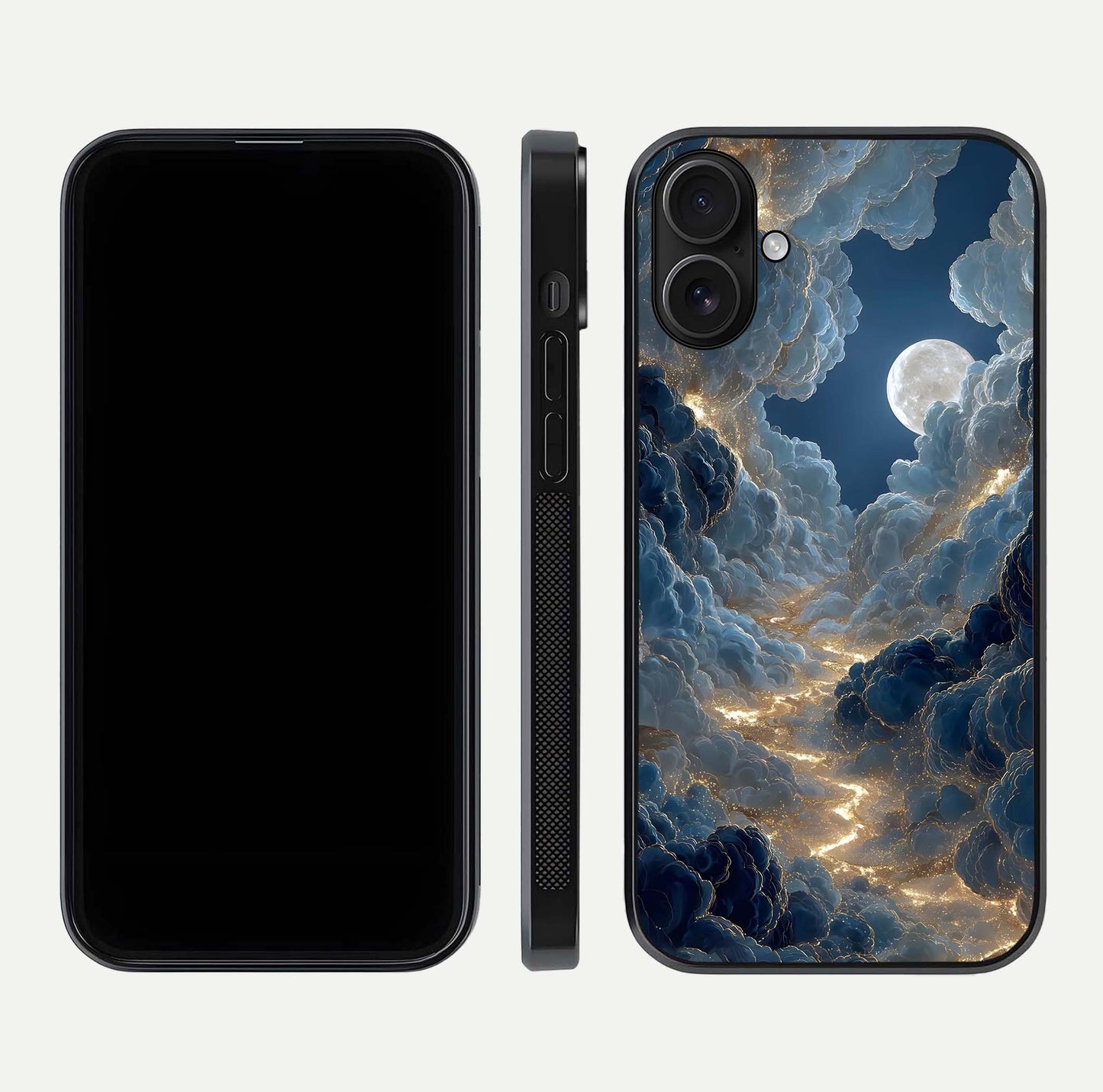 Celestial Cloud Road Glass Case for iPhone 16 front-and-back layout displaying balance between light and depth
