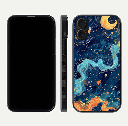 Celestial Dream Flow Glass Case for iPhone 16 dual-view layout showing abstract flow and curved glass