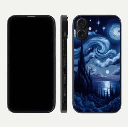 Celestial Dream Van Gogh Glass Case for iPhone 16 dual-view layout displaying art texture and glass polish
