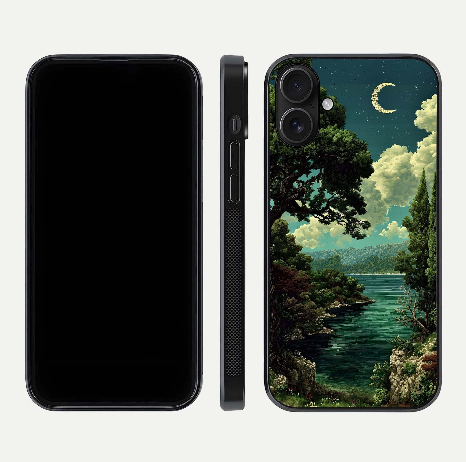 Celestial Lake Peace Glass Case for iPhone 16 dual-view layout showing soft hues and HD shine