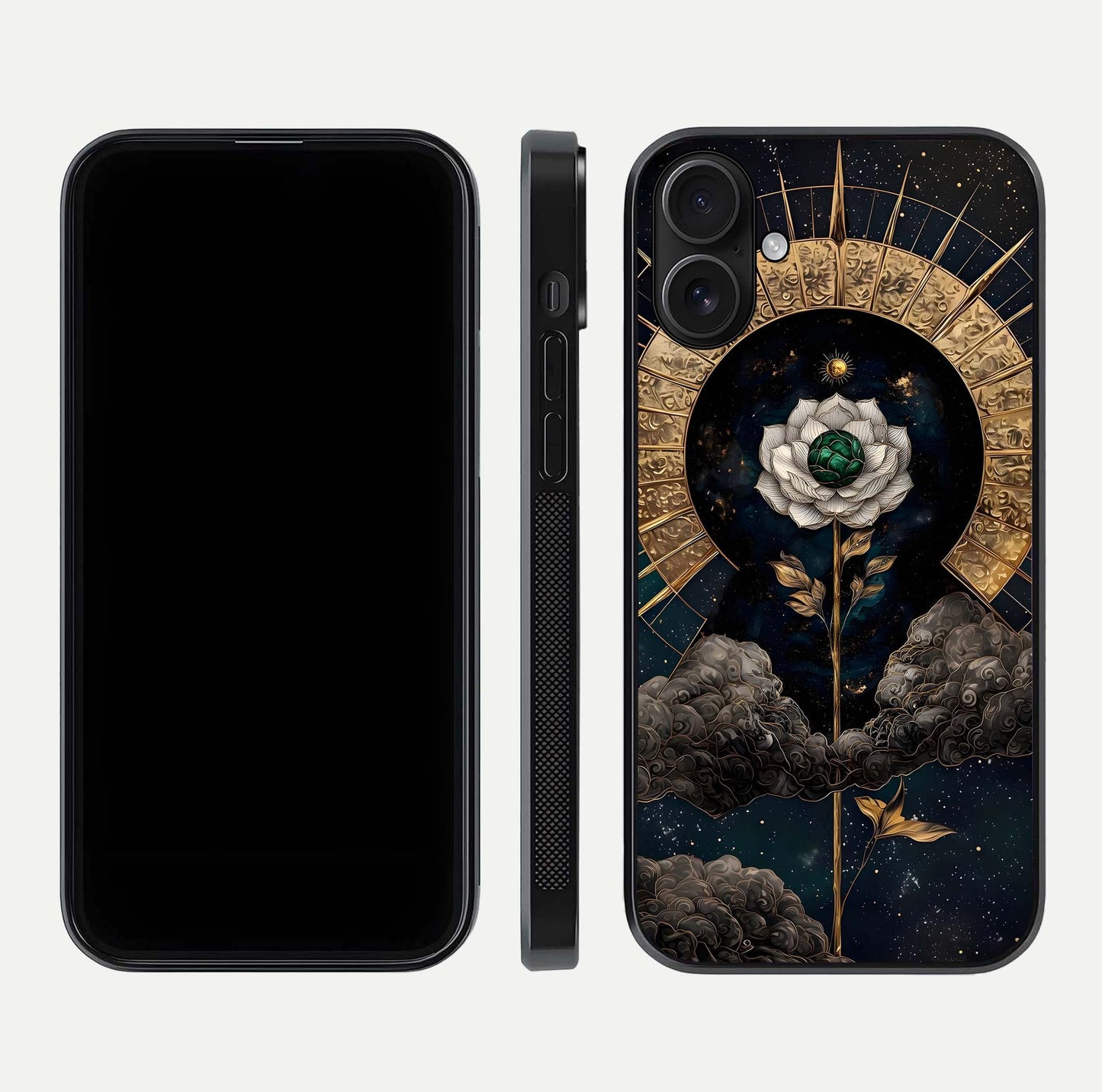 Celestial Lotus Morang Glass Case for iPhone 16 dual-view layout displaying floral symmetry and polished edges