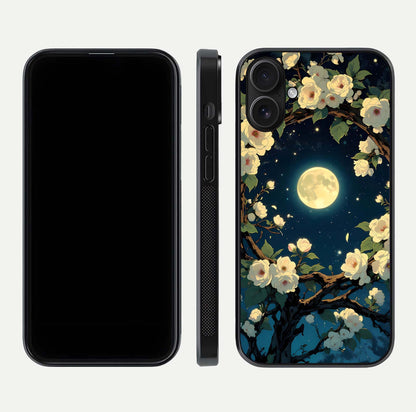 Celestial Moon & Flower Glass Case for iPhone 16 dual-view layout showing balanced lunar art and gloss tone