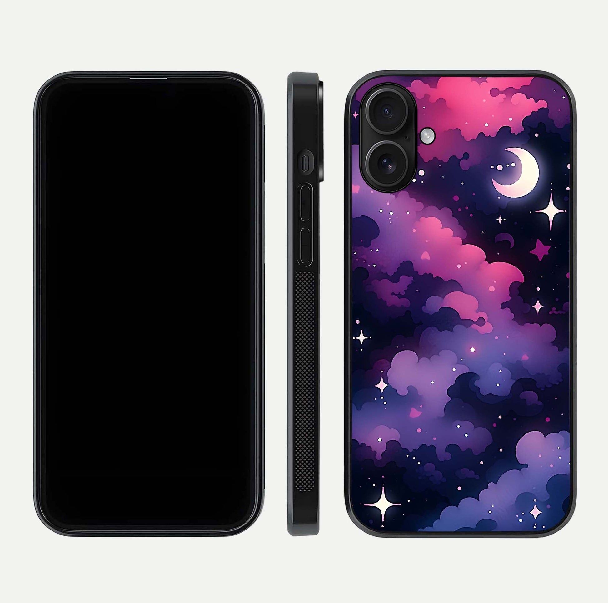 Celestial Moon Magic Glass Case for iPhone 16 dual-view layout displaying lunar design and sleek edges