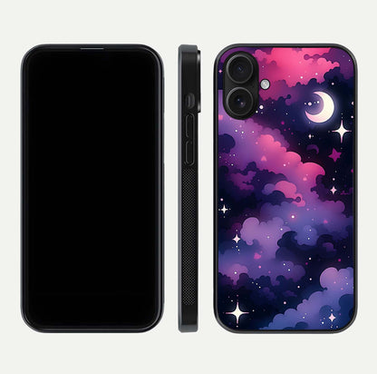 Celestial Moon Magic Glass Case for iPhone 16 dual-view layout displaying lunar design and sleek edges