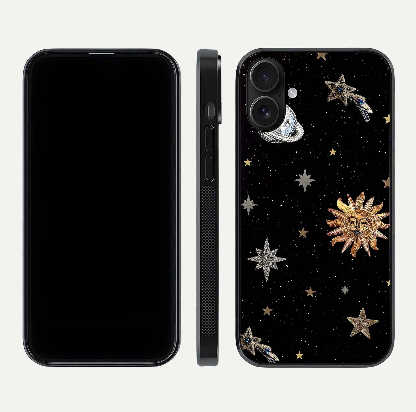 Celestial Moon With Stars Glass Case for iPhone 16 front-and-back layout displaying lunar art and premium finish