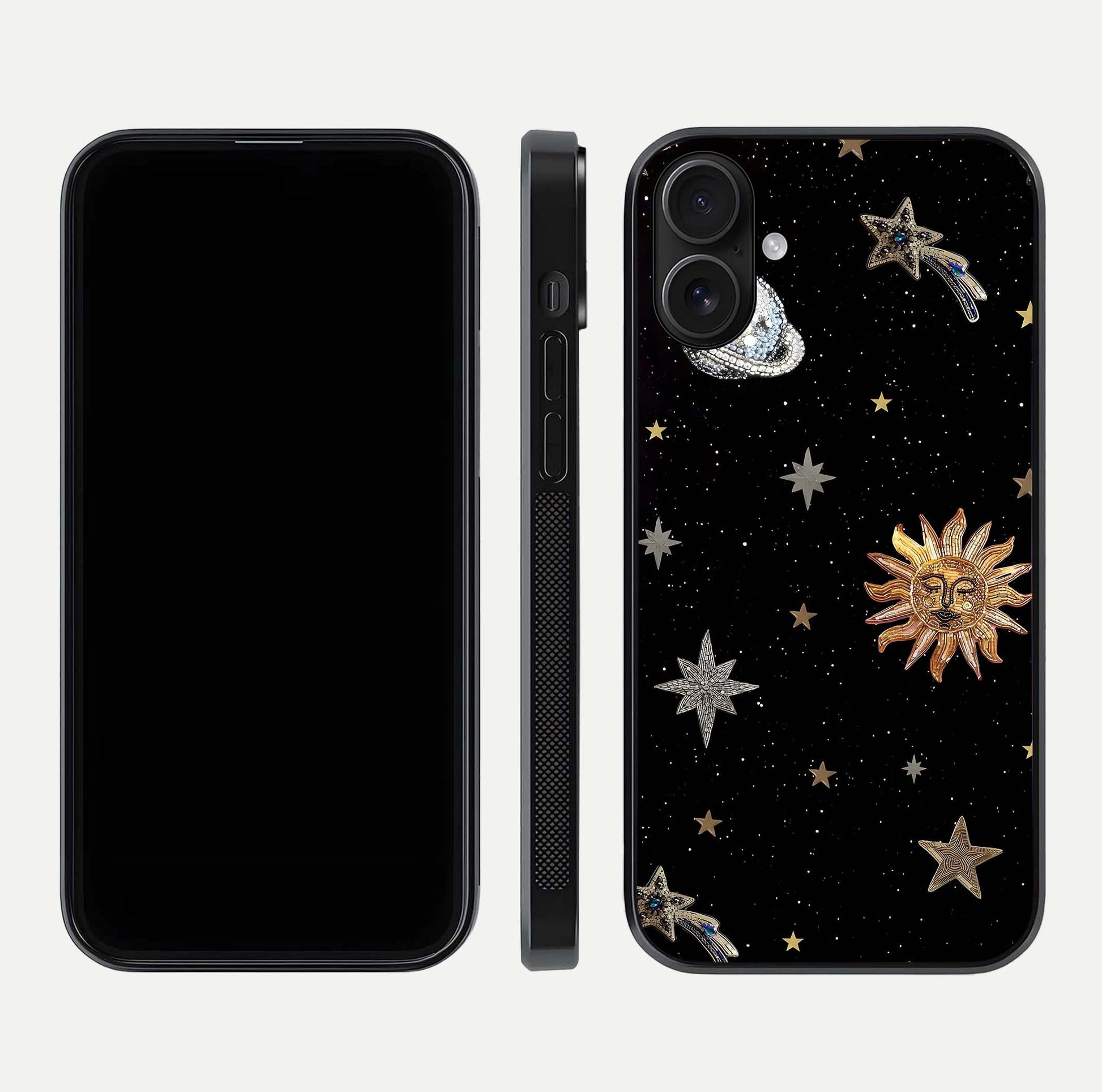Celestial Moon With Stars Glass Case for iPhone 16 front-and-back layout displaying lunar art and premium finish
