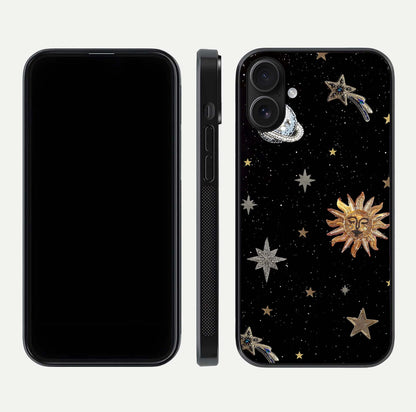 Celestial Moon With Stars Glass Case for iPhone 16 front-and-back layout displaying lunar art and premium finish