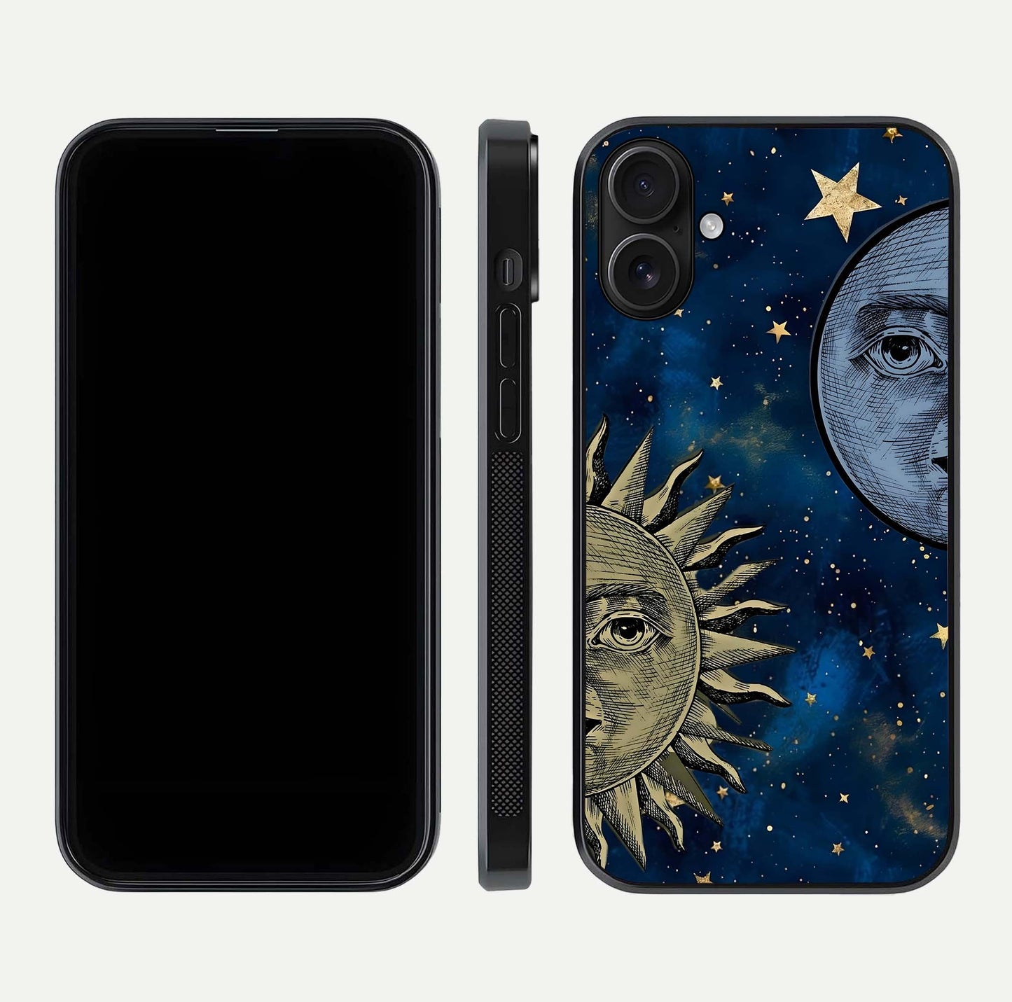 Celestial Moon With Sun Glass Case for iPhone 16 dual-view layout showing luminous pattern and curved edges