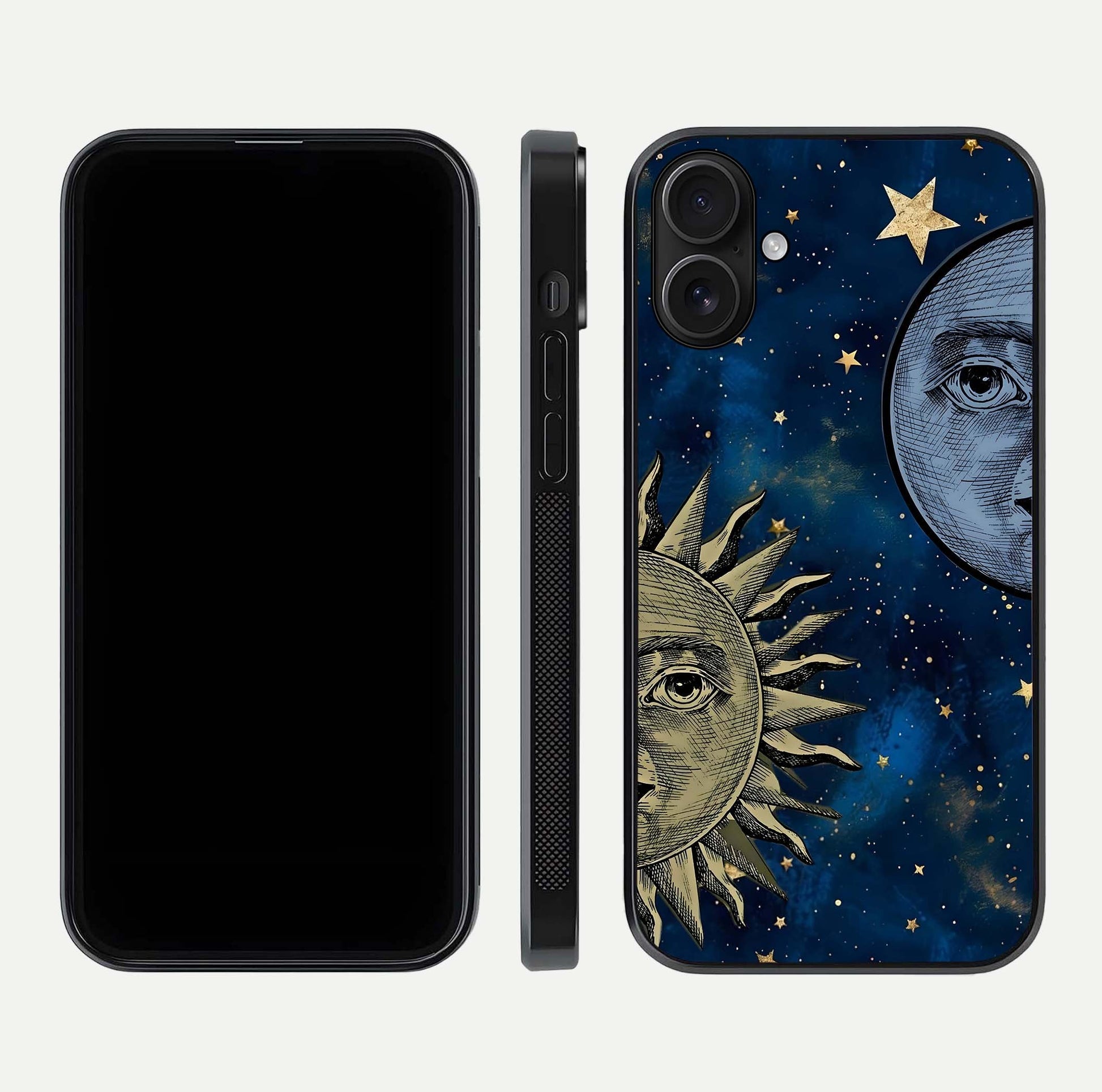 Celestial Moon With Sun Glass Case for iPhone 16 dual-view layout showing luminous pattern and curved edges