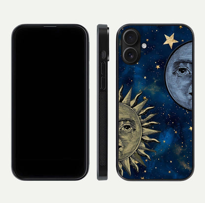 Celestial Moon With Sun Glass Case for iPhone 16 dual-view layout showing luminous pattern and curved edges