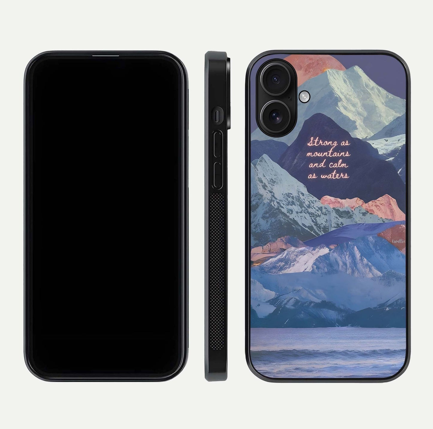 Celestial Mountain Calm Glass Case for iPhone 16 dual-view layout displaying scenic tones and curved finish