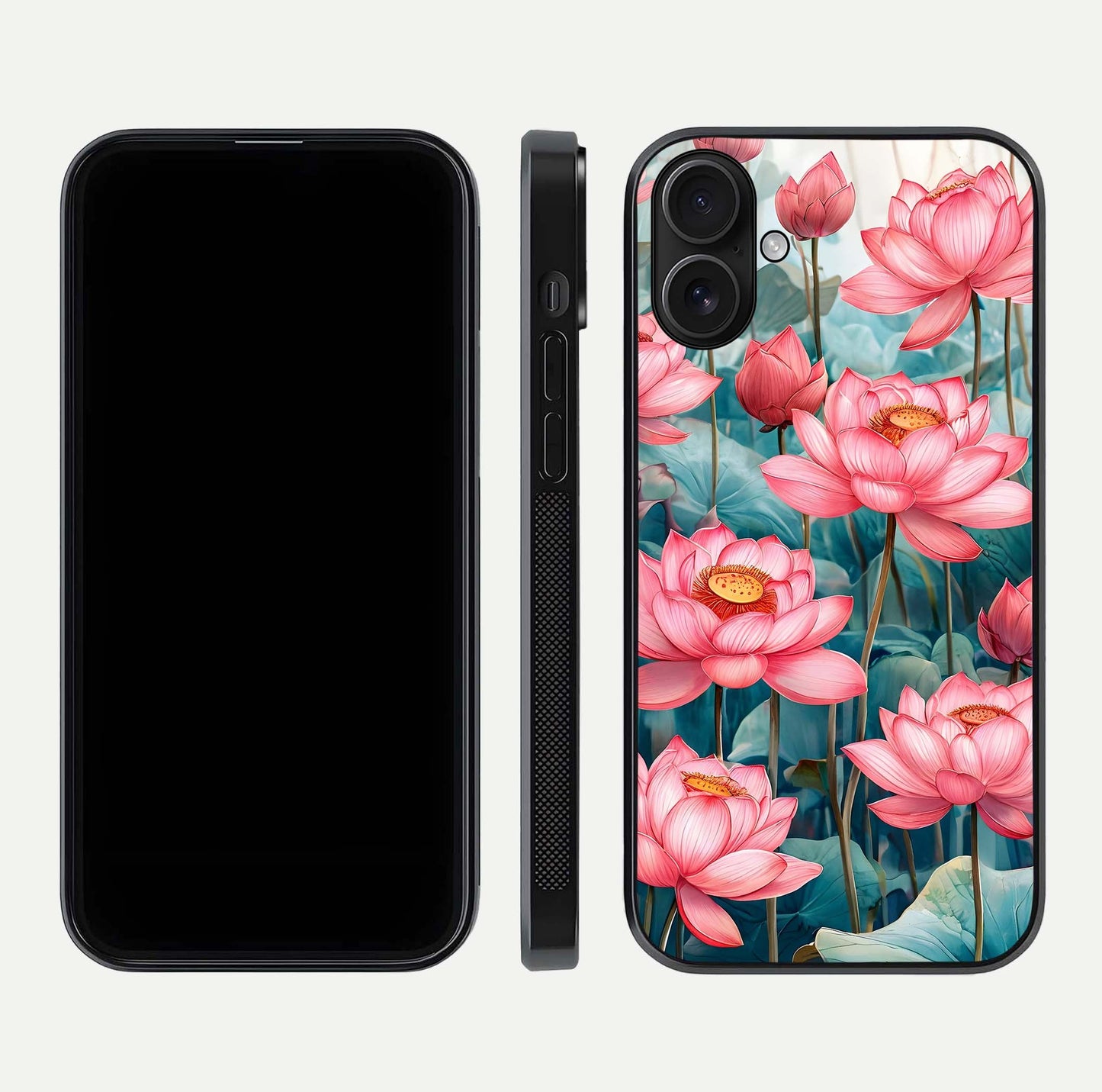 Celestial Pink Lotus Glass Case for iPhone 16 dual-view layout showing floral center and smooth edges