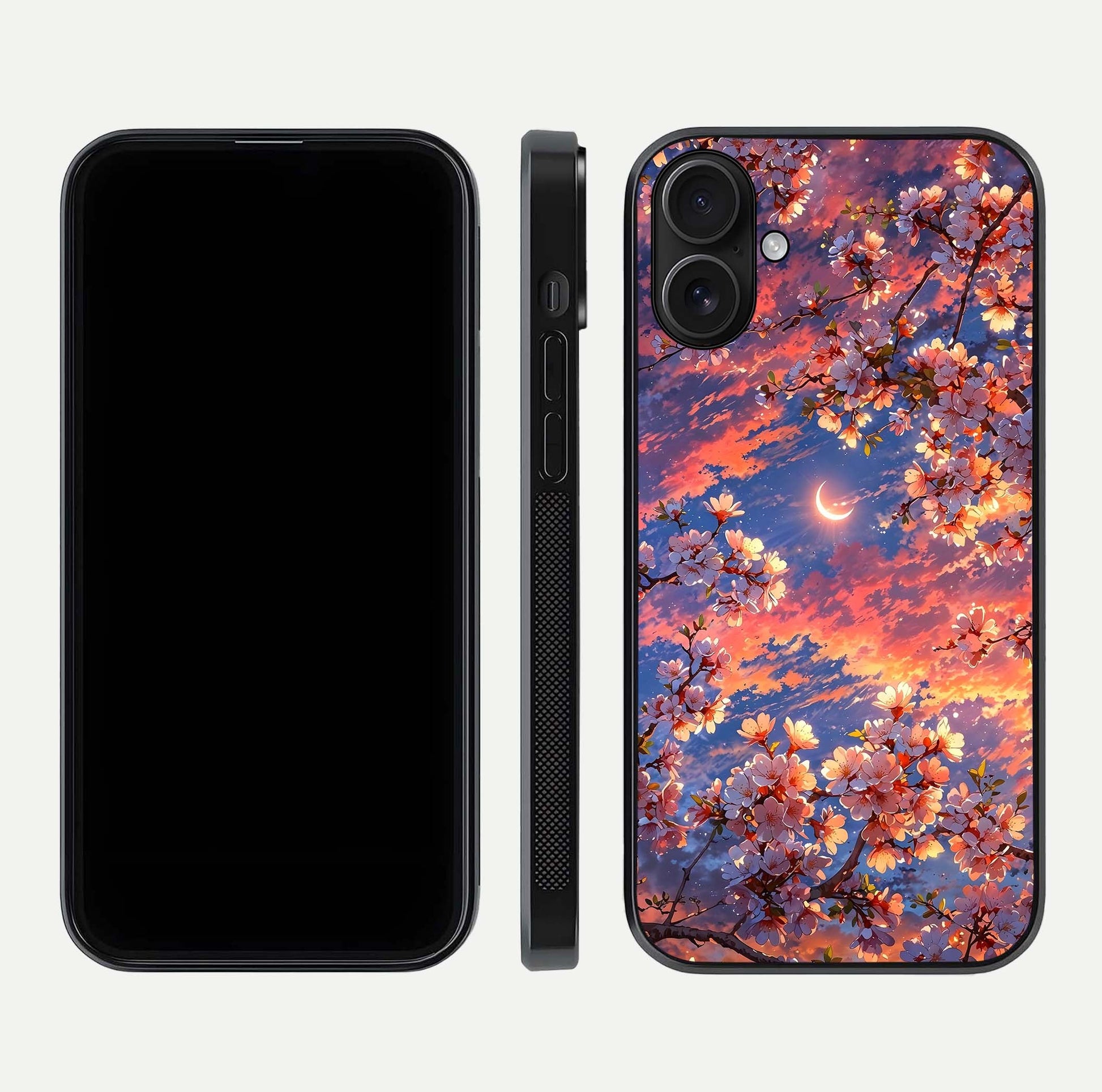 Celestial Sakura Sunset Glass Case for iPhone 16 dual-view layout showing floral gradient and reflection polish