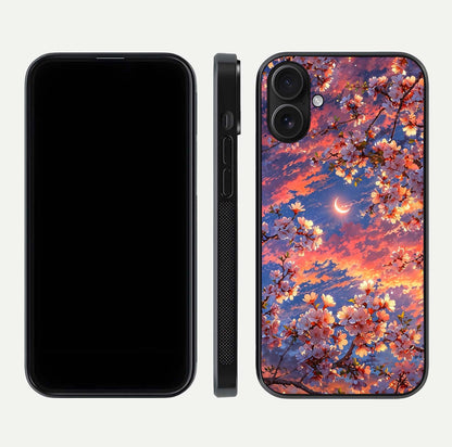 Celestial Sakura Sunset Glass Case for iPhone 16 dual-view layout showing floral gradient and reflection polish