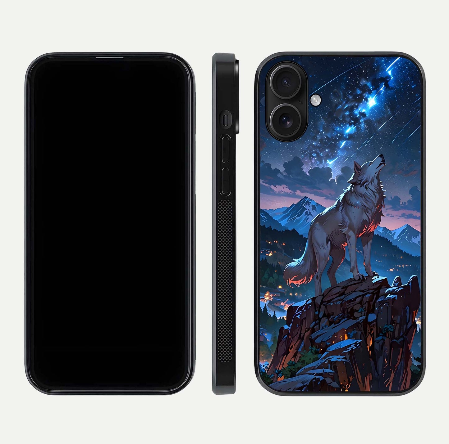 Celestial Wolf Howl Glass Case for iPhone 16 dual-view layout displaying night tones and protective glass edges