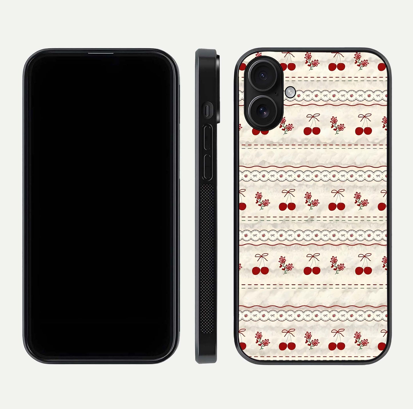 Cherry Bloom Charm Glass Case for iPhone 16 front-and-back layout displaying floral art and smooth finish