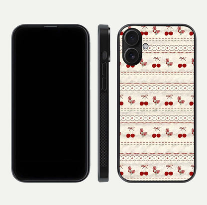 Cherry Bloom Charm Glass Case for iPhone 16 front-and-back layout displaying floral art and smooth finish