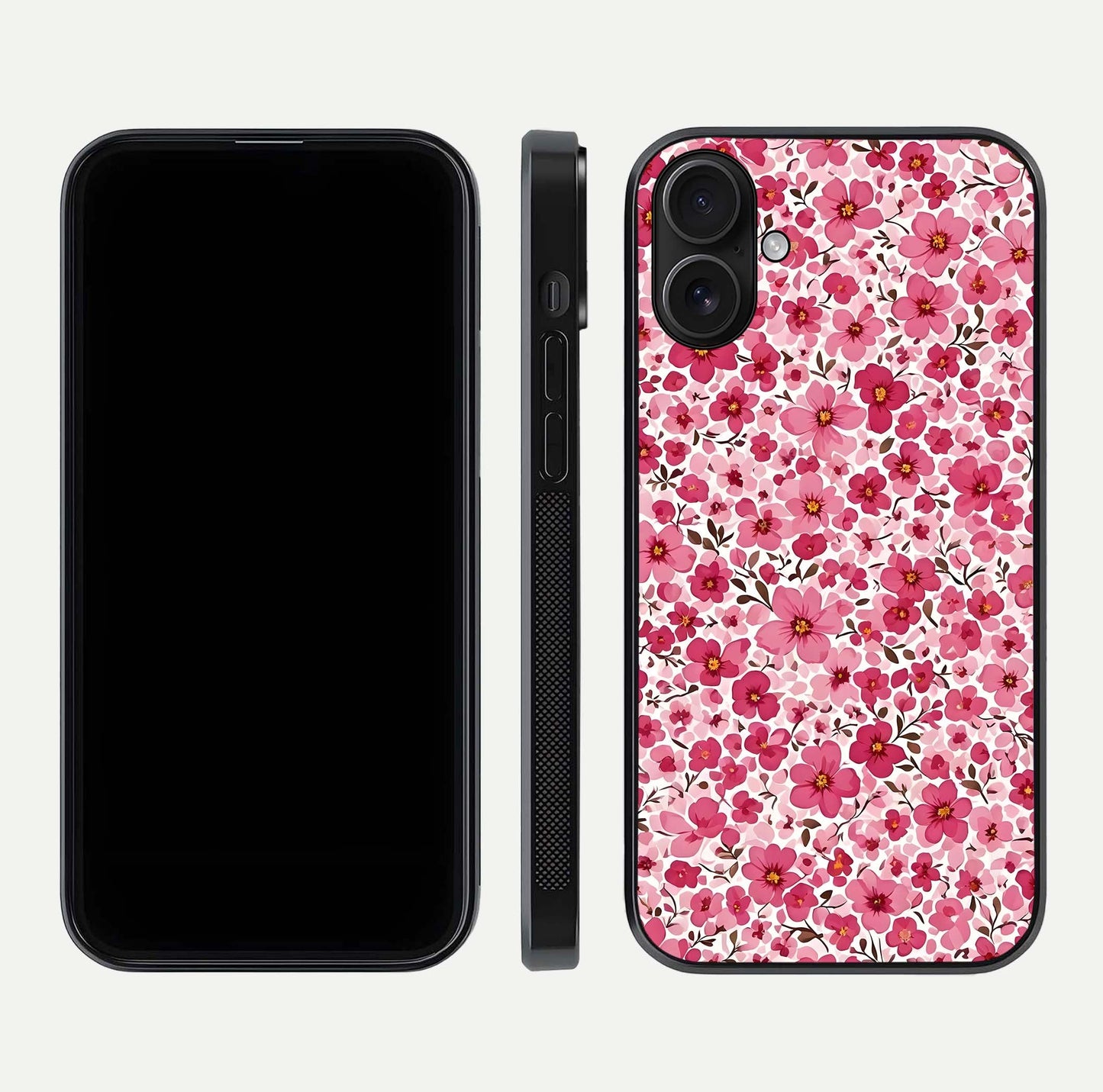 Cherry Blossom Charm Glass Case for iPhone 16 dual-view layout showing elegant floral balance and HD gloss