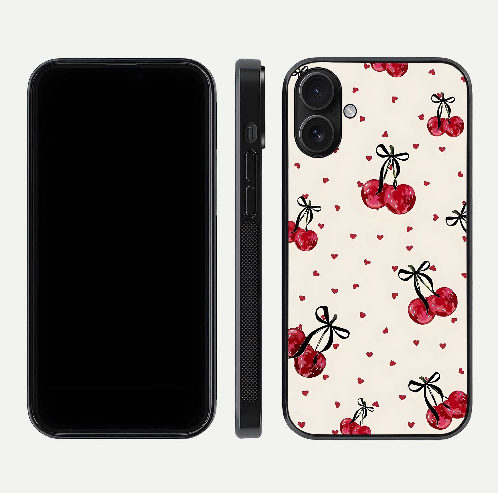 Cherry Heart Bow Glass Case for iPhone 16 front-and-back view showing design clarity and edge protection